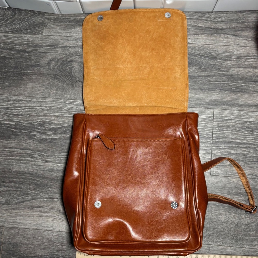 Iswee Cognac Brown Leather Laptop Backpack Unisex Flapover Satchel Bag 14 Inch - Picture 6 of 16